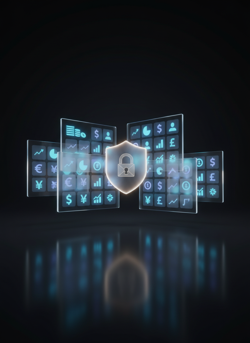 An abstract composition of transparent, overlapping data panels floating above a matte black surface, each panel showing blurred icons for transactions, accounts, categories, currencies, and charts from the Ardit App interface. In the center, a luminous shield-shaped icon with a subtle padlock motif appears etched in frosted glass, symbolizing data protection. Cool, soft studio lighting from above and behind creates delicate rim highlights and crisp reflections, emphasizing the glassy textures while leaving the background in a dark, smooth gradient. Shot from a slightly elevated angle with photographic realism, the scene feels modern, secure, and highly technical, conveying the idea of structured, well-guarded personal data without showing any identifiable information or human presence.